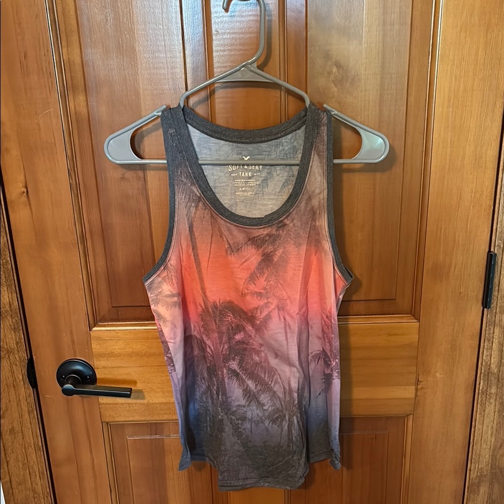American Eagle Outfitters Red and Gray Palm Tank Top
